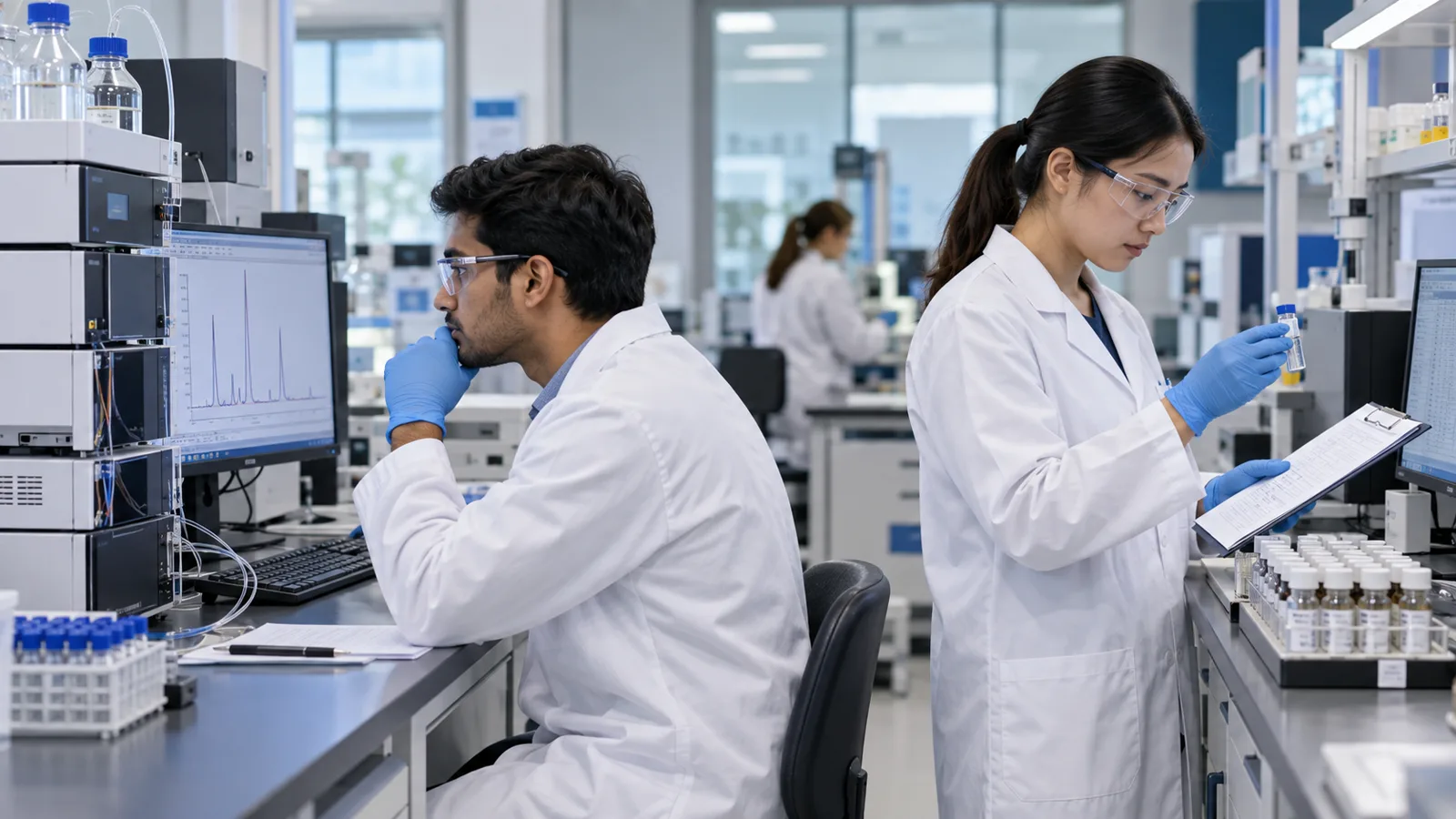 Analytical chemist reviewing an HPLC chromatogram beside a quality control chemist checking a laboratory sample and controlled worksheet
