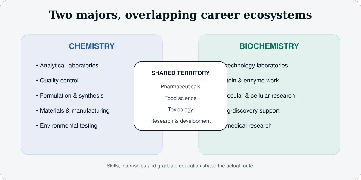 Career pathway diagram comparing chemistry routes in analysis, quality, formulation and materials with biochemistry routes in biotechnology, molecular research and biomedical laboratories