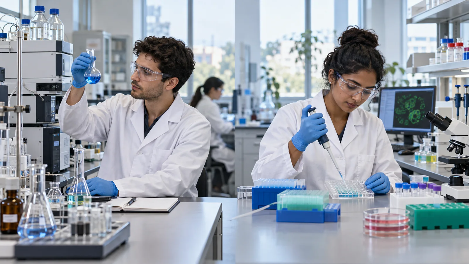 Chemistry researcher examining a flask beside a biochemistry researcher pipetting samples into a microplate