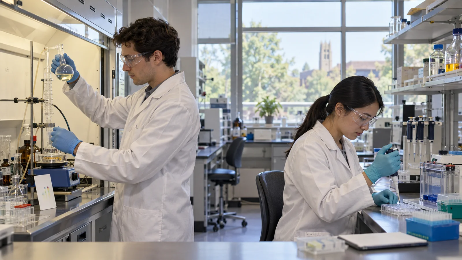 Organic chemistry researcher working with a reaction flask beside a biochemistry researcher pipetting an enzyme assay