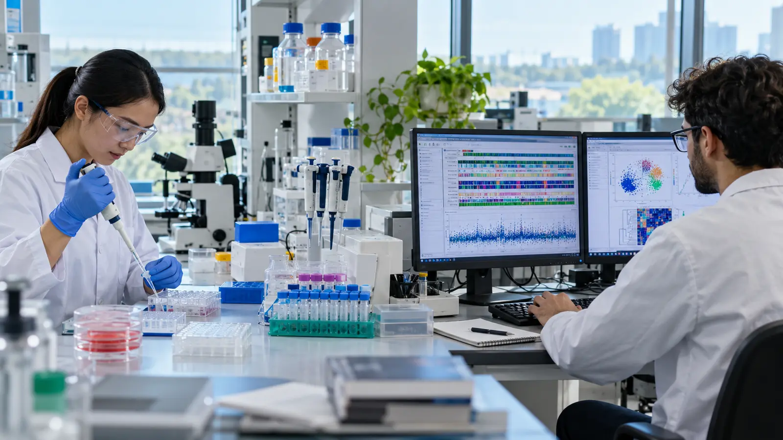 Biotechnology researcher preparing biological samples beside a bioinformatics researcher analyzing genomic data