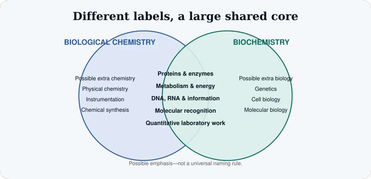 Venn diagram showing shared topics in biological chemistry and biochemistry with possible chemistry-heavy and biology-heavy emphasis