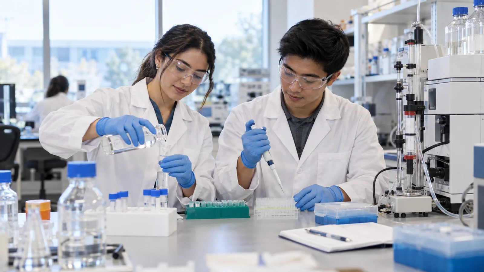 Two molecular bioscience researchers collaborating on buffer preparation and a microplate assay