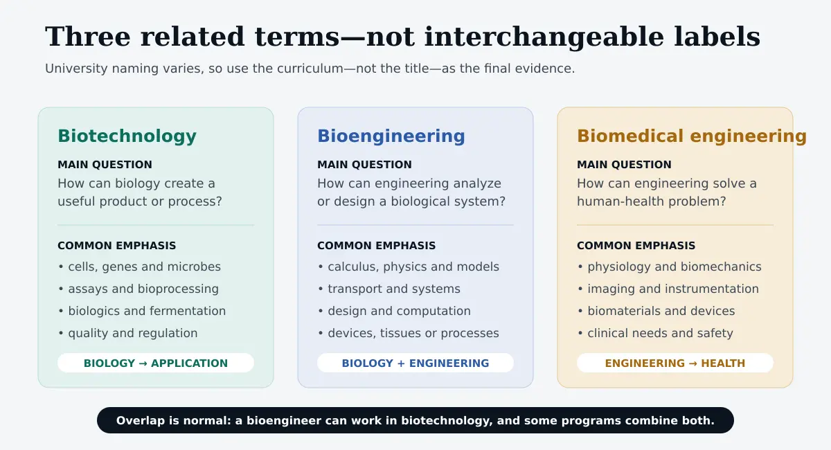 Comparison of biotechnology, bioengineering and biomedical engineering by main question and academic emphasis