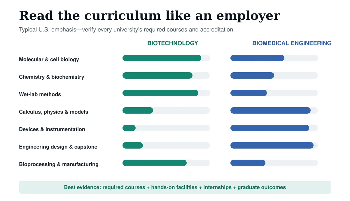 Curriculum comparison of biotechnology and biomedical engineering across biology chemistry wet laboratory work calculus devices design and bioprocessing