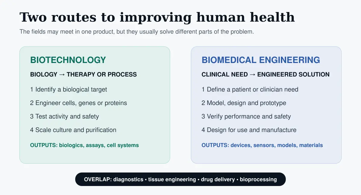Workflow comparison showing biotechnology moving from biological target to therapy or process and biomedical engineering moving from clinical need to engineered solution