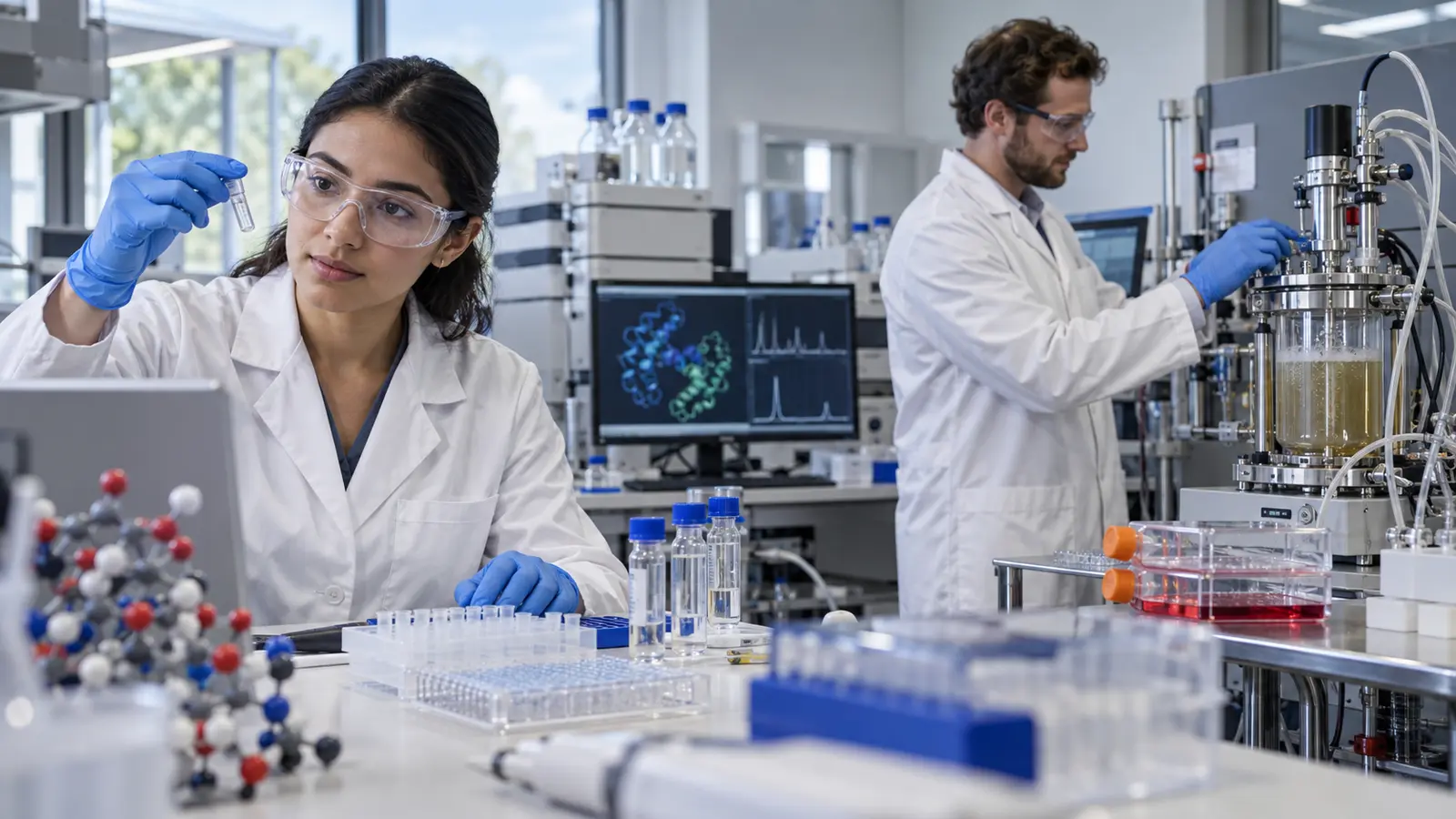 Biochemistry scientist examining a molecular assay while a biotechnology scientist monitors a laboratory bioreactor