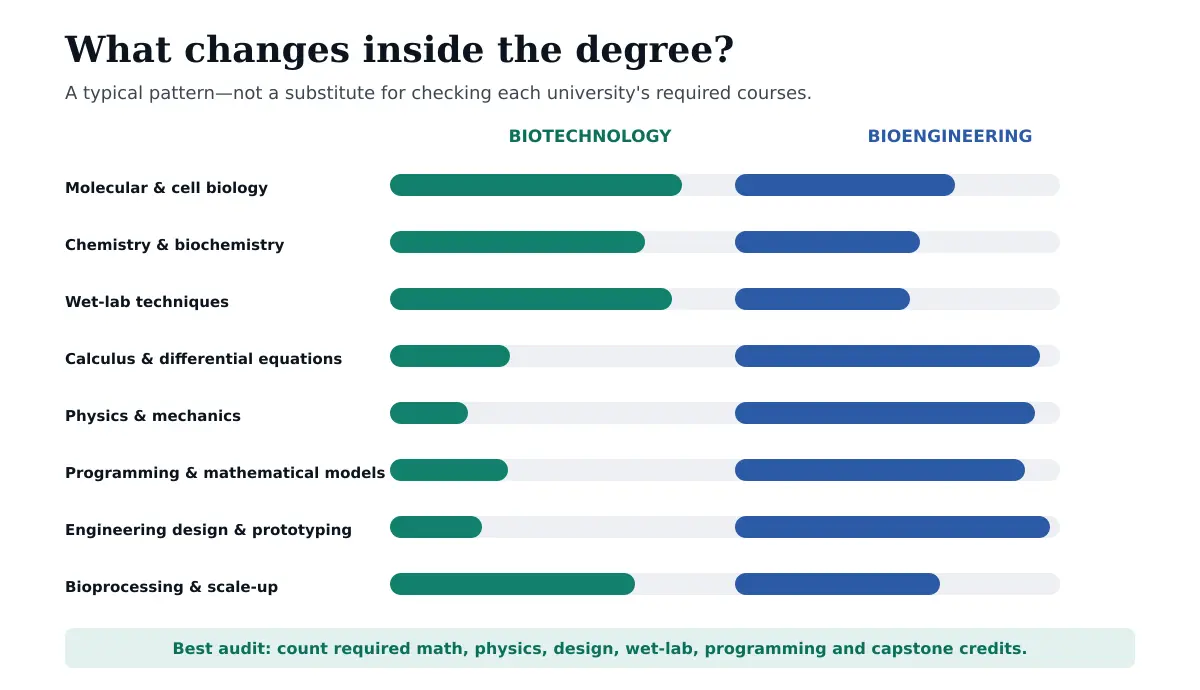 Qualitative comparison of biology chemistry wet lab calculus physics programming engineering design and bioprocessing in biotechnology and bioengineering degrees