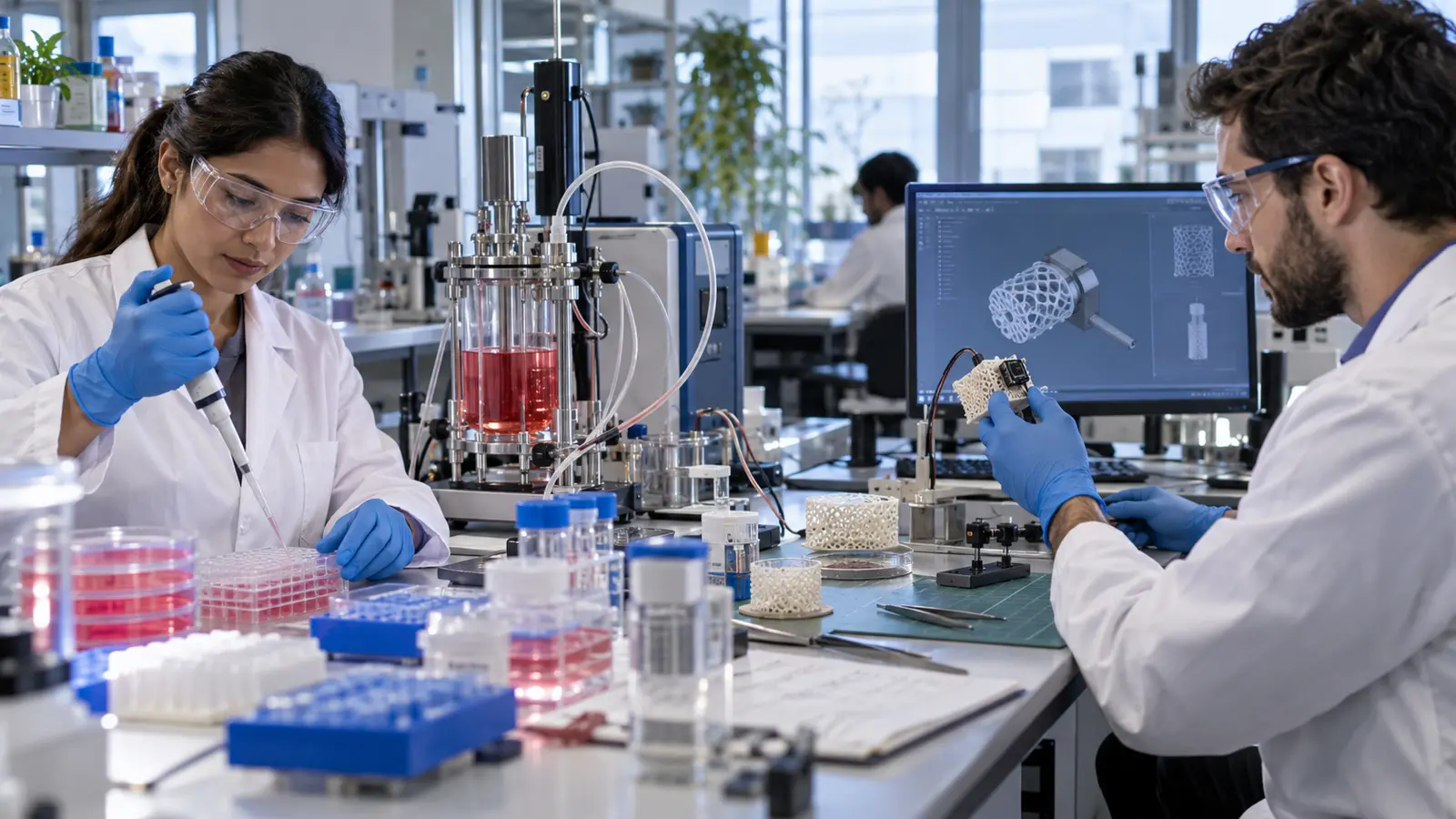 Biotechnology scientist working with cell culture beside a bioengineer evaluating a biomedical prototype