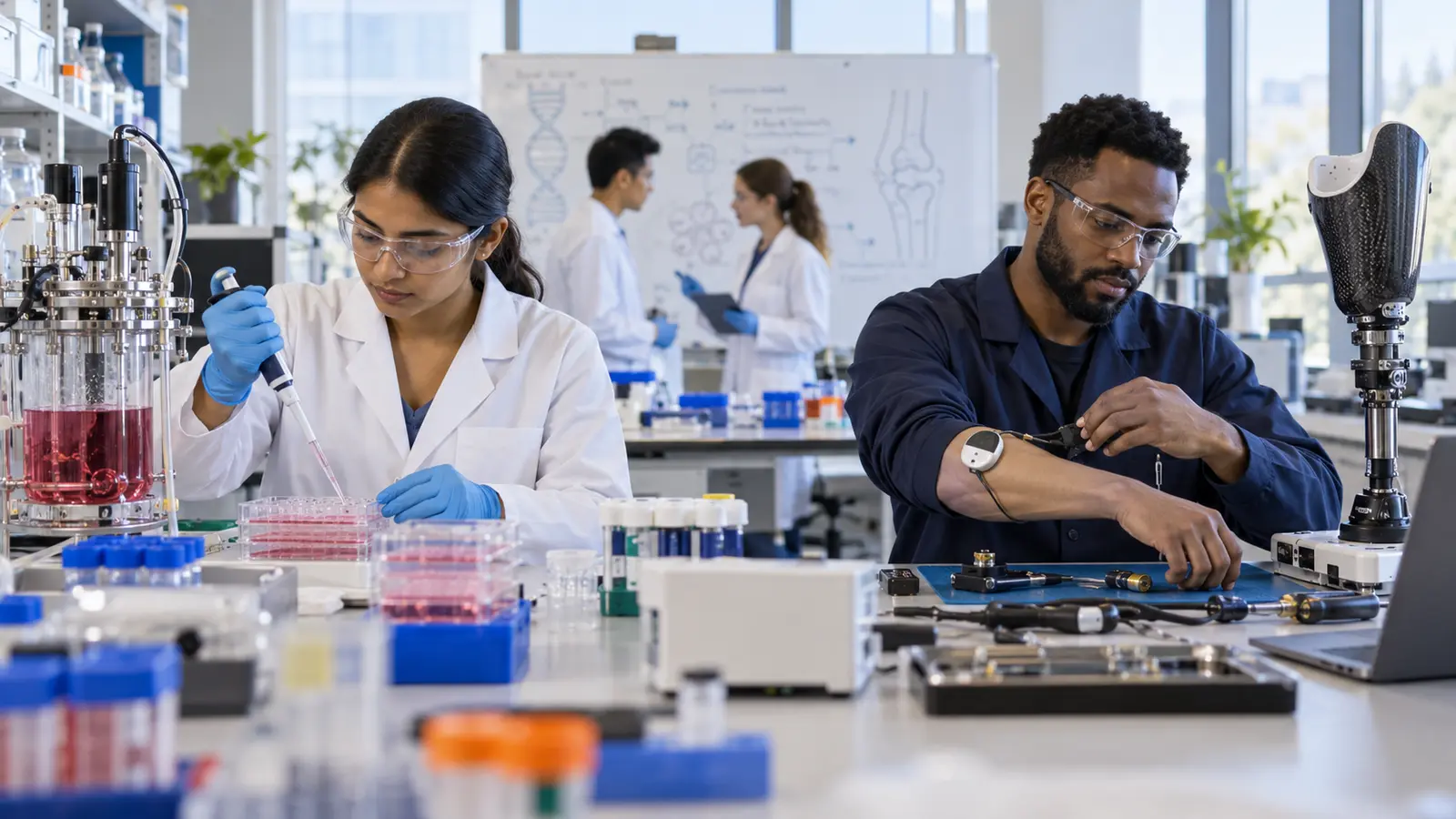 Biotechnology researcher working with cell culture beside a biomedical engineer testing a wearable sensor and prosthetic prototype
