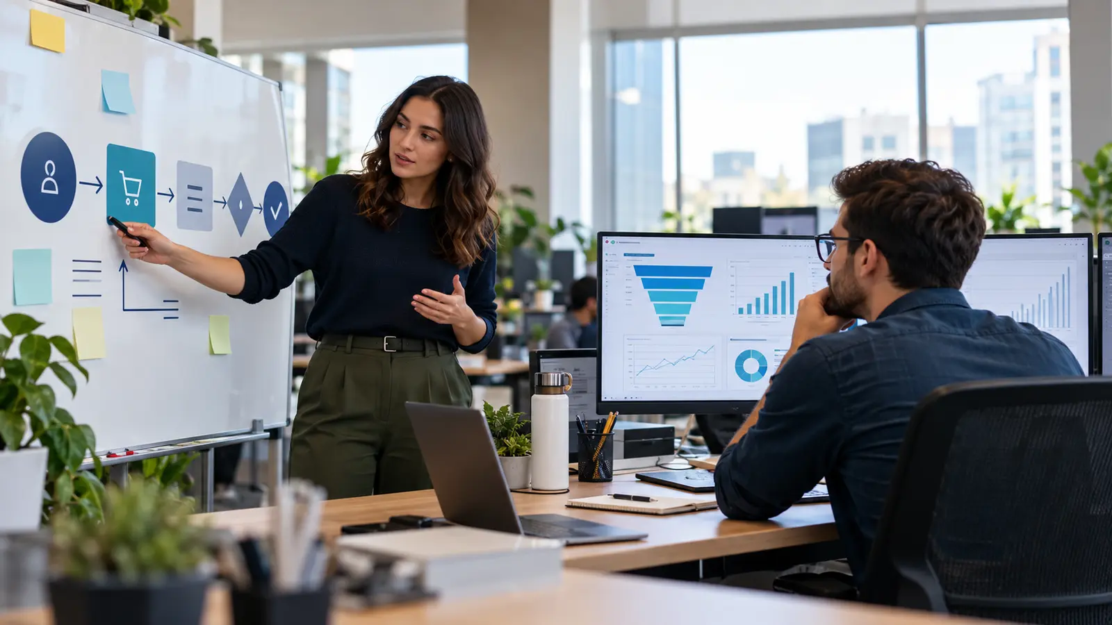 Business analyst mapping a customer process while a data analyst studies checkout funnel data