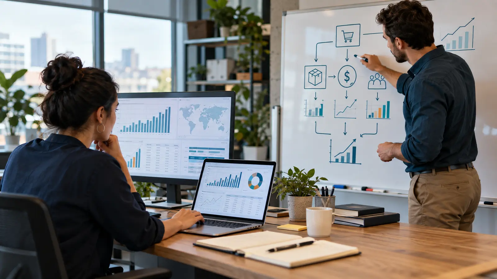 Business analytics and data analytics professionals reviewing a dashboard and decision map