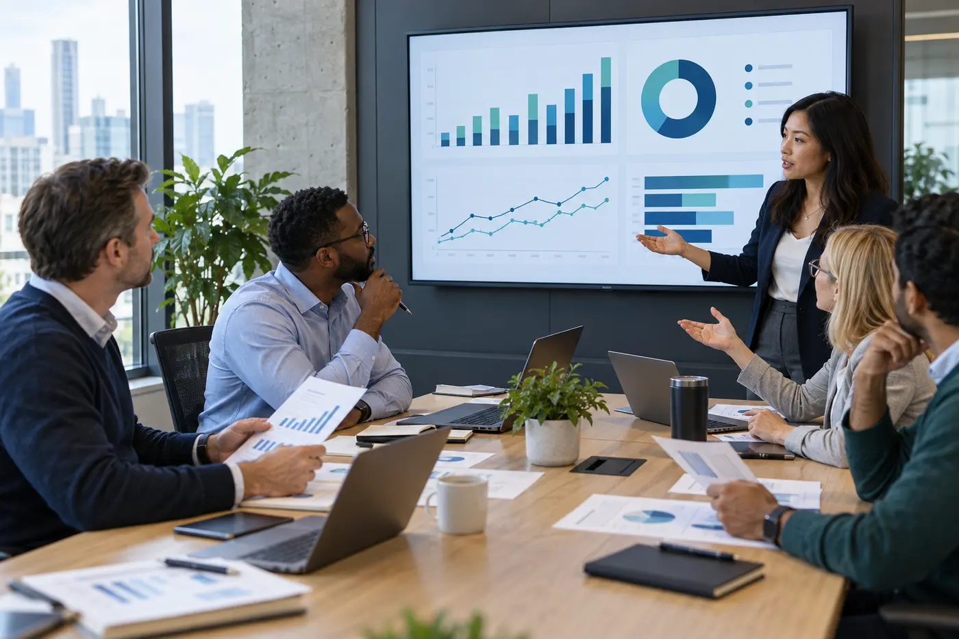 Cross-functional U.S. team reviewing a shared business intelligence dashboard