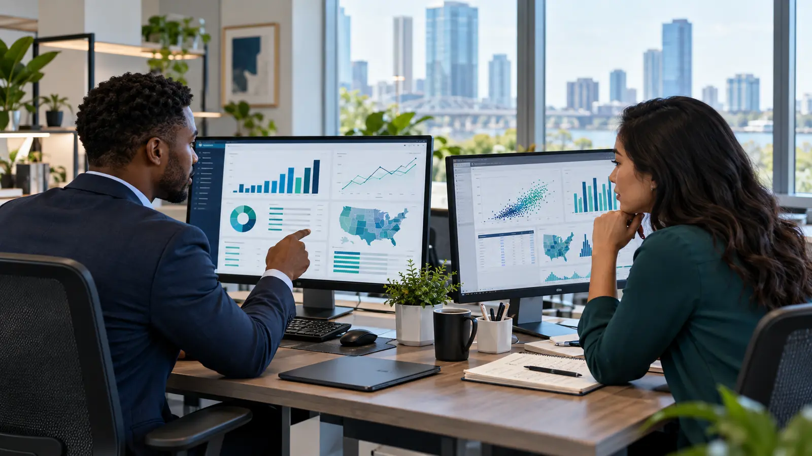 Business intelligence specialist and data analyst comparing dashboards in a U.S. office