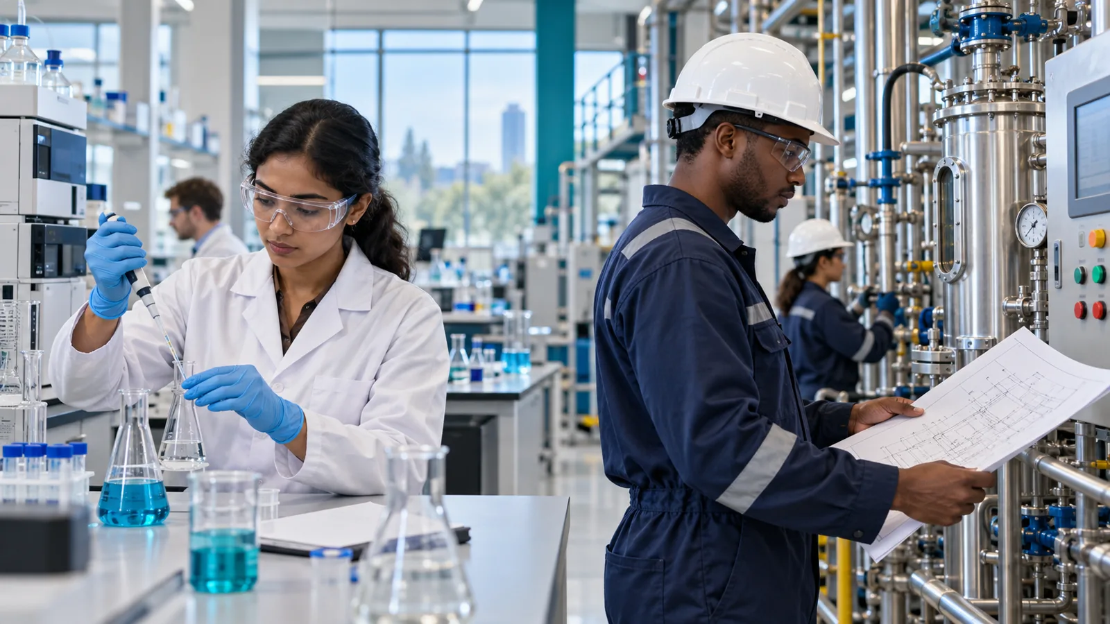 Chemist using a pipette in a laboratory beside a chemical engineer reviewing a process diagram at pilot-scale equipment