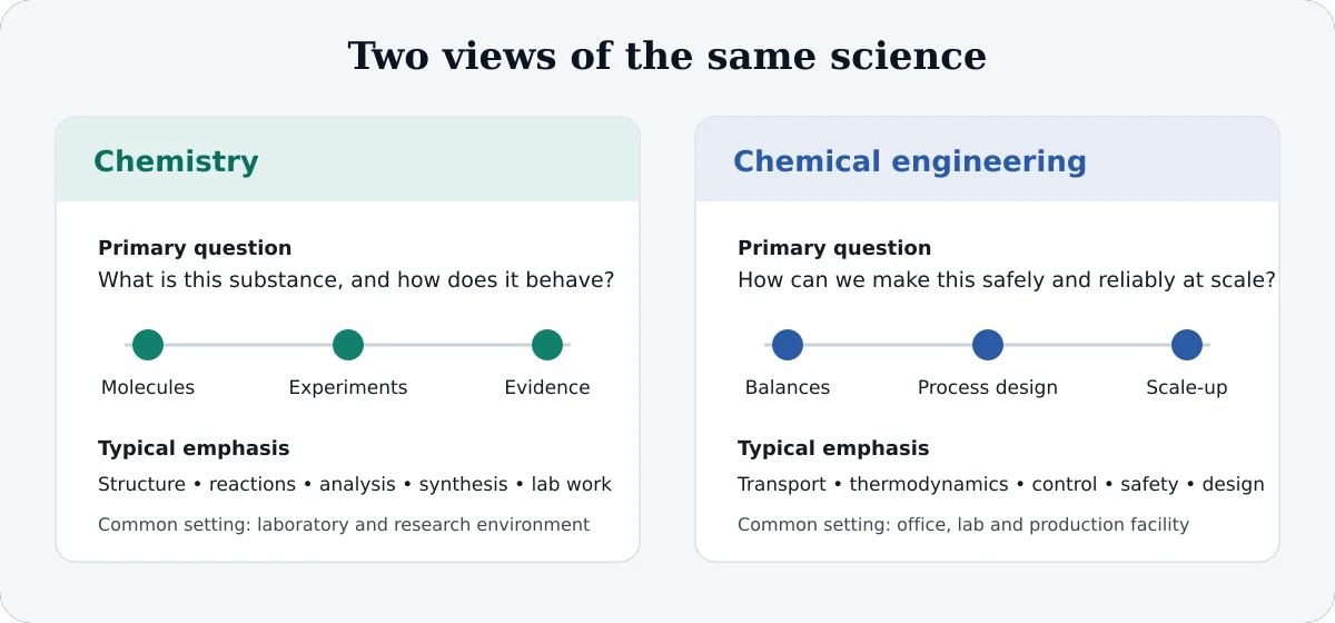 Diagram comparing chemistry's focus on molecules, experiments and evidence with chemical engineering's focus on balances, process design and scale-up