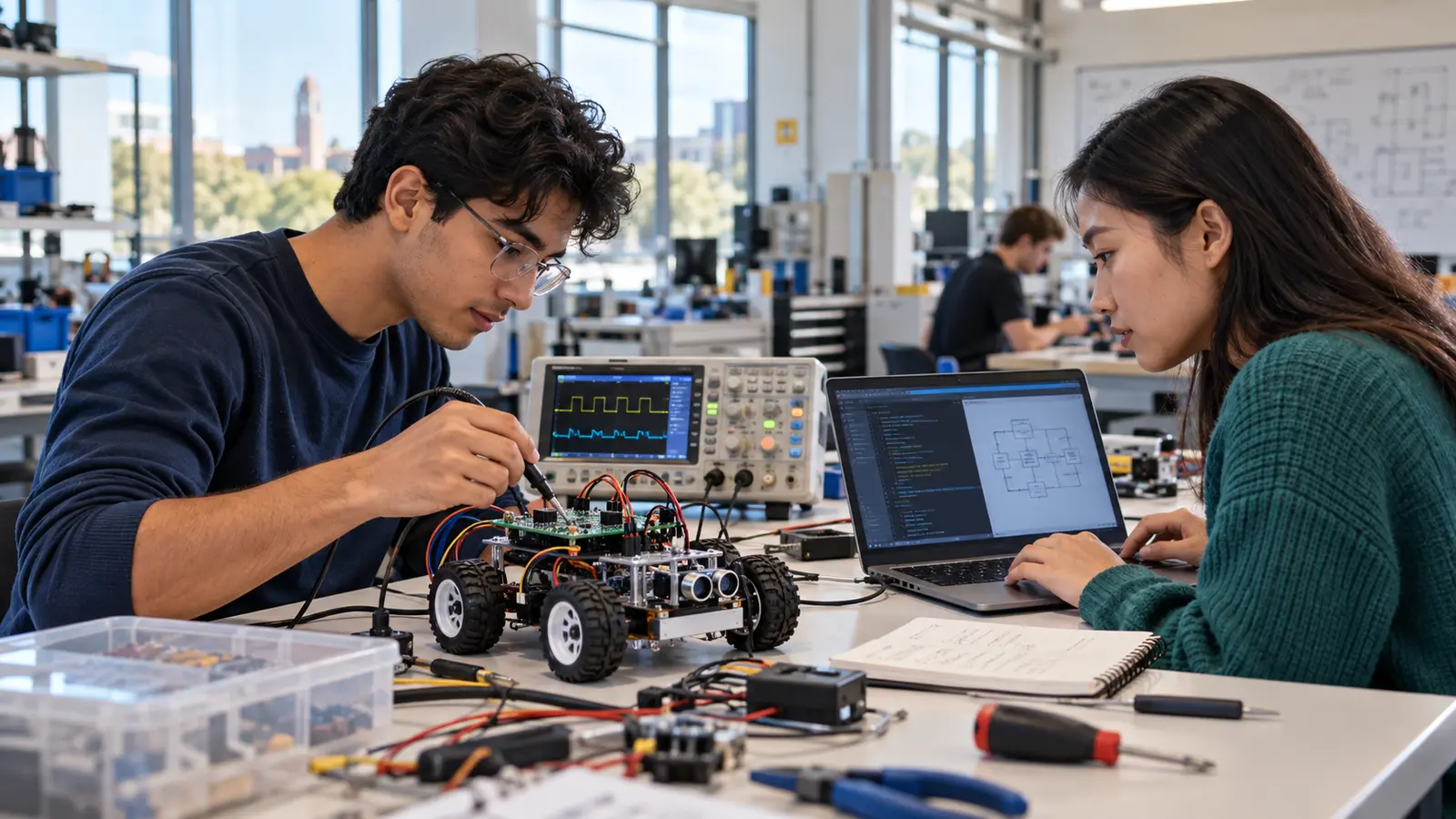 Computer engineering student probing a circuit board while a computer science student reviews code for the same robotic prototype