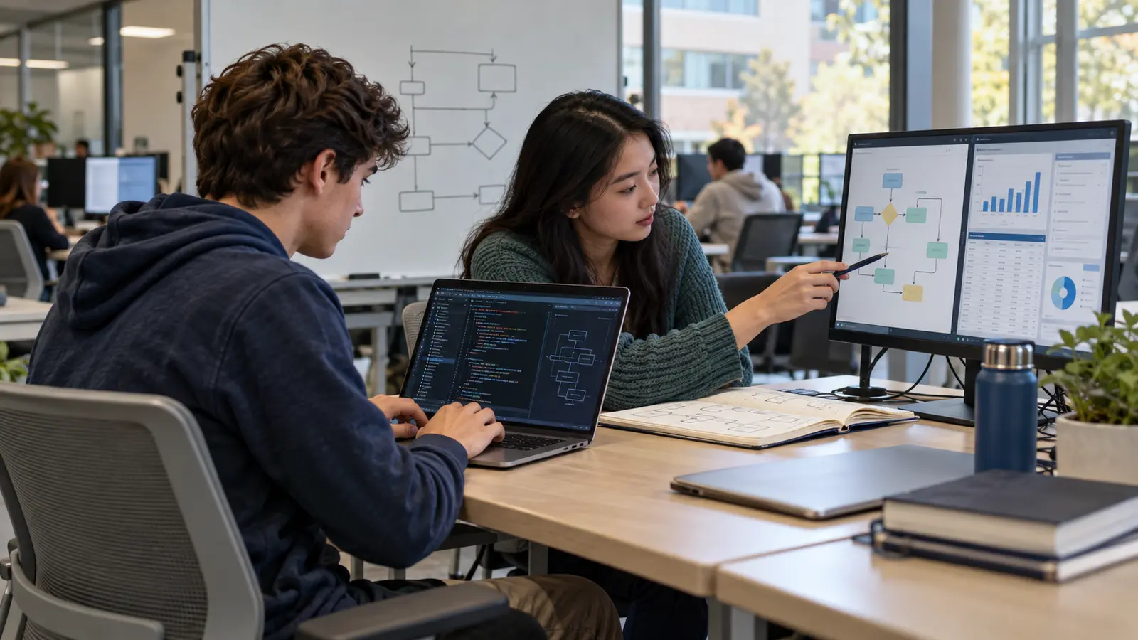 Computer science student programming while an information systems student reviews a business process and dashboard for the same project