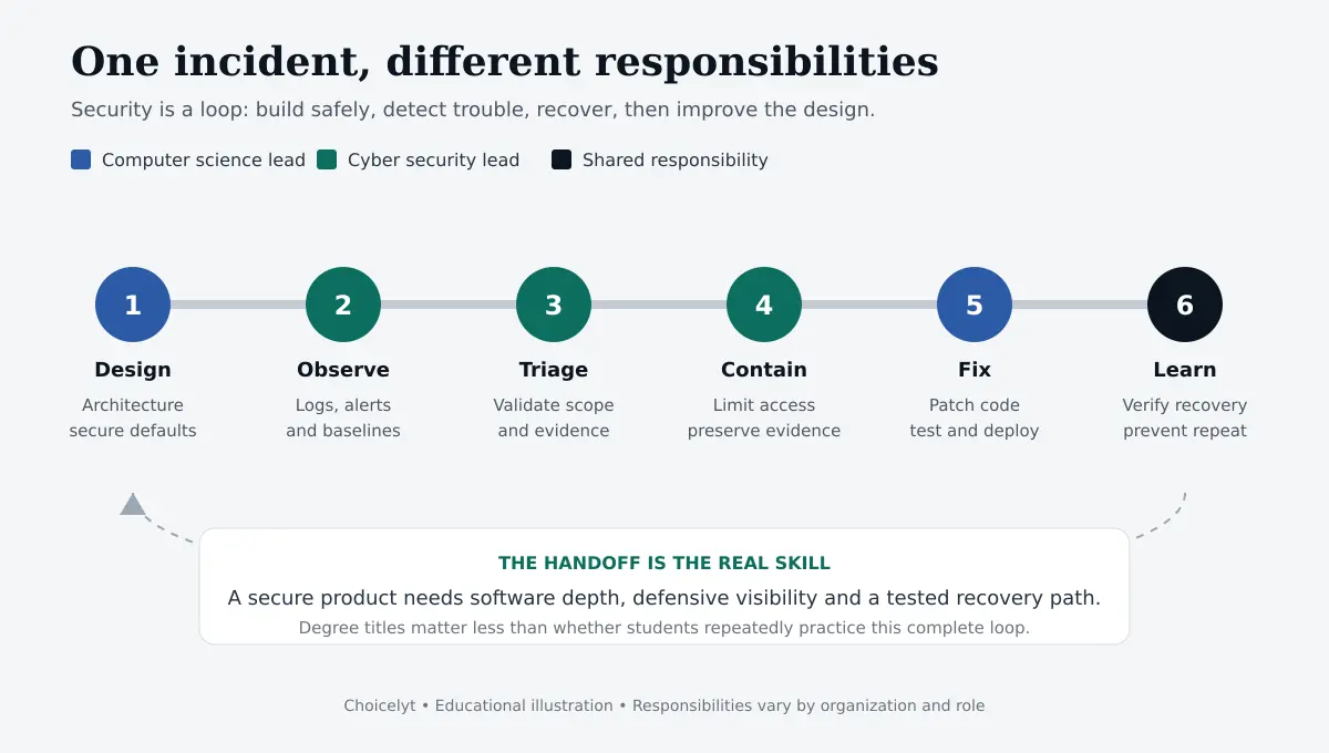 Security incident timeline showing computer science leading design and repair, cybersecurity leading detection and containment, and both sharing recovery