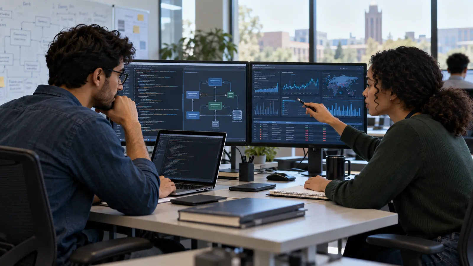Software developer and defensive security analyst reviewing code, architecture and security monitoring together