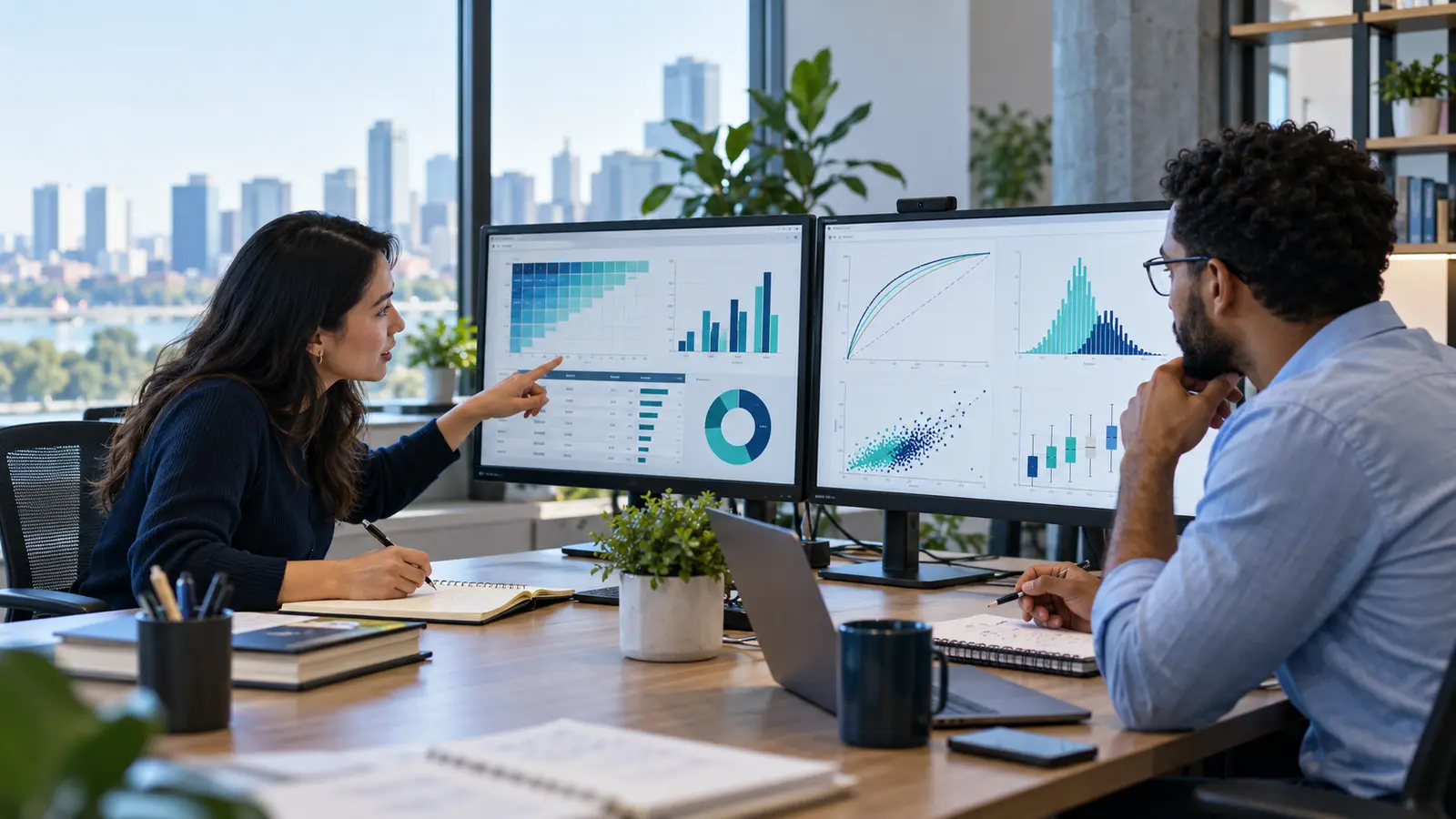 Data analyst and data scientist comparing customer retention evidence and model validation results