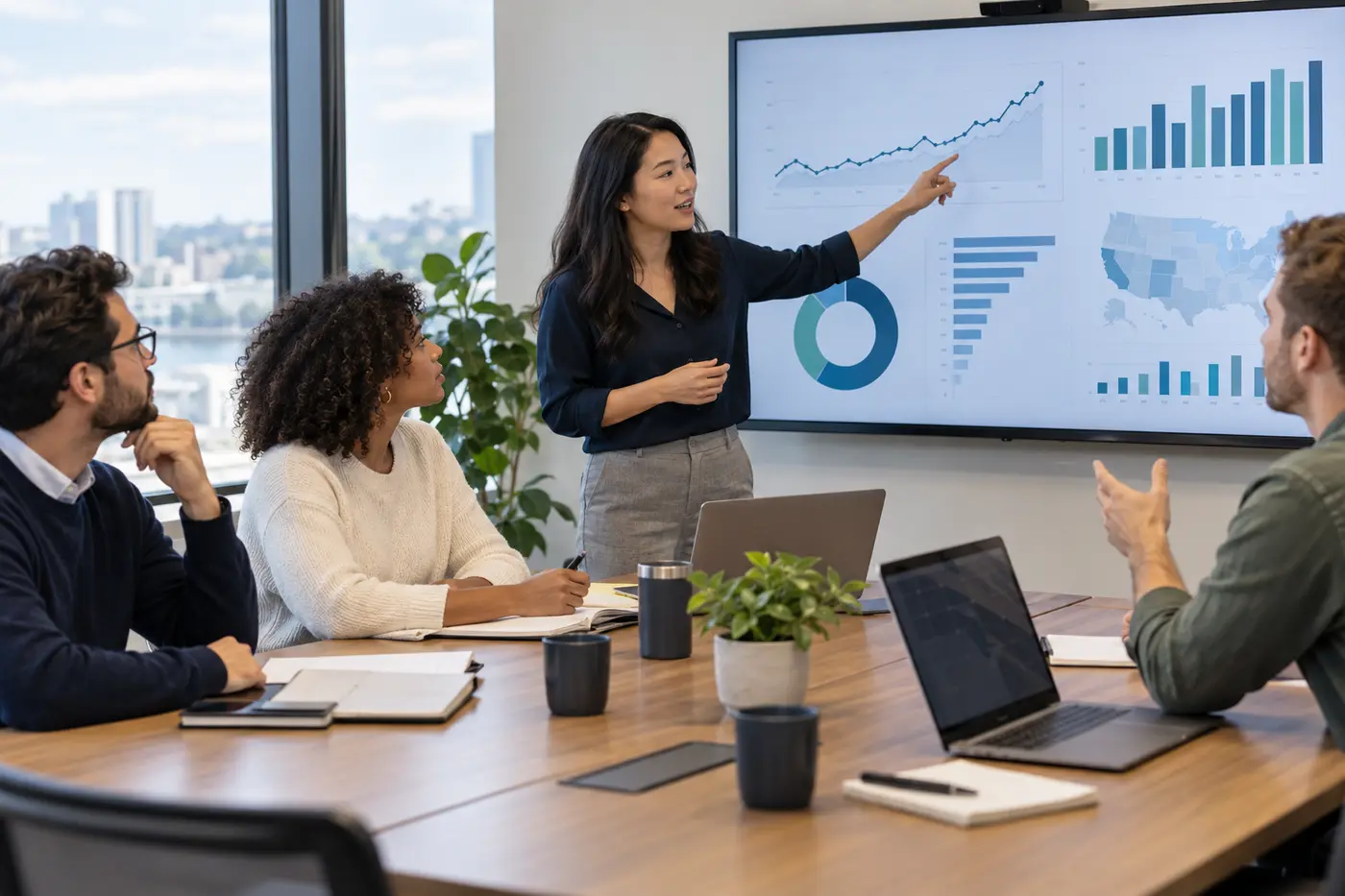Data analyst presenting a dashboard trend to product and operations teammates