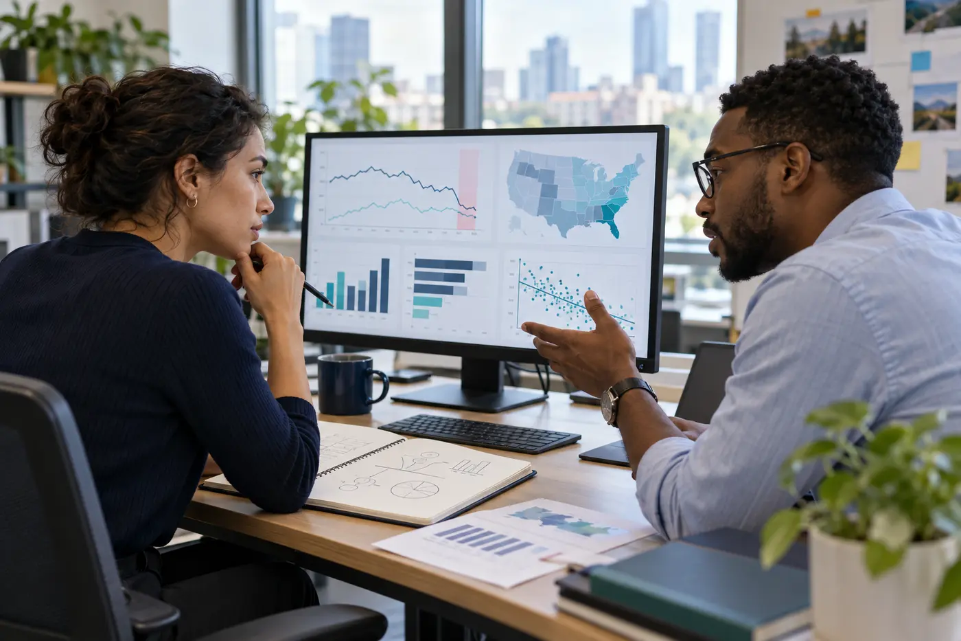 Data analysts investigating a regional revenue decline with charts and written hypotheses