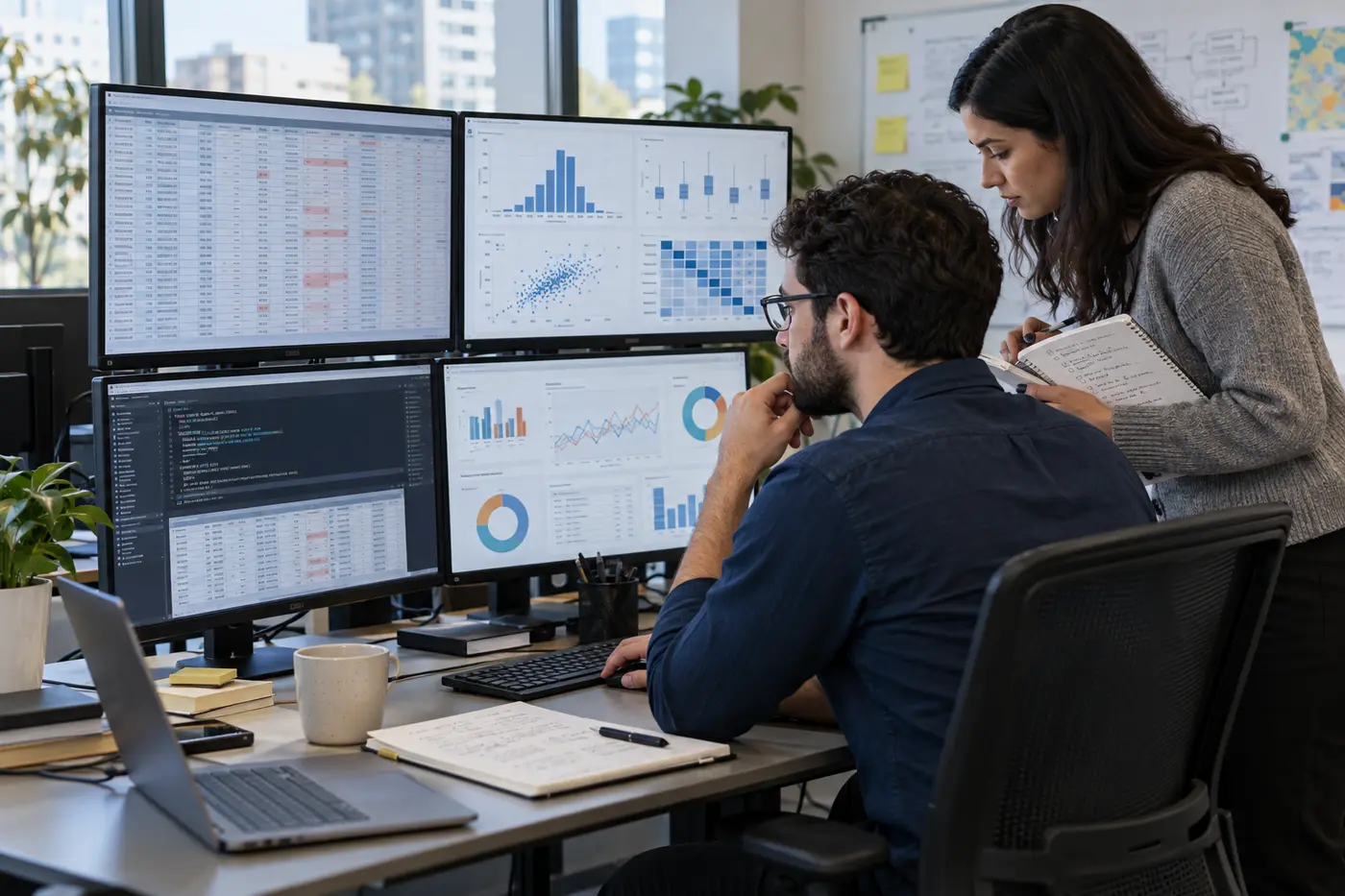 Data analyst investigating missing records, distributions and validation checks on multiple monitors