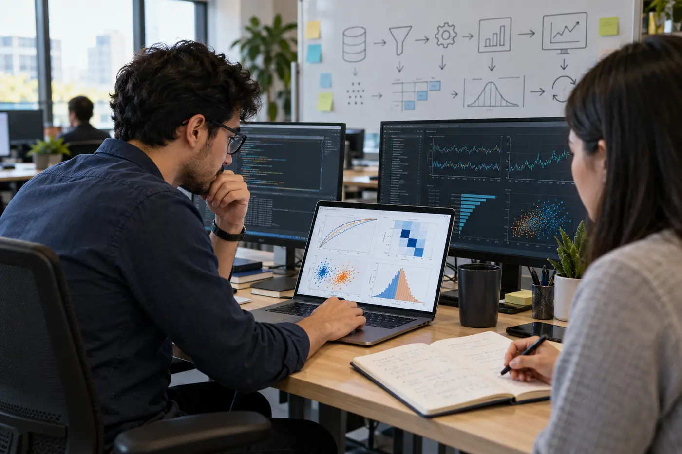 Data scientist and teammate reviewing model evaluation plots before deployment