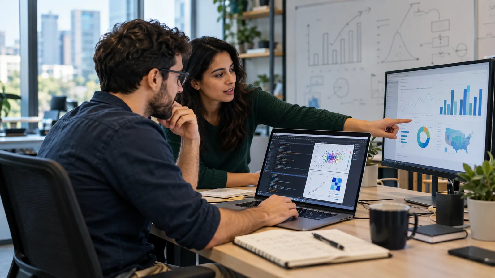 Data scientist and data analyst collaborating on model results and a business dashboard