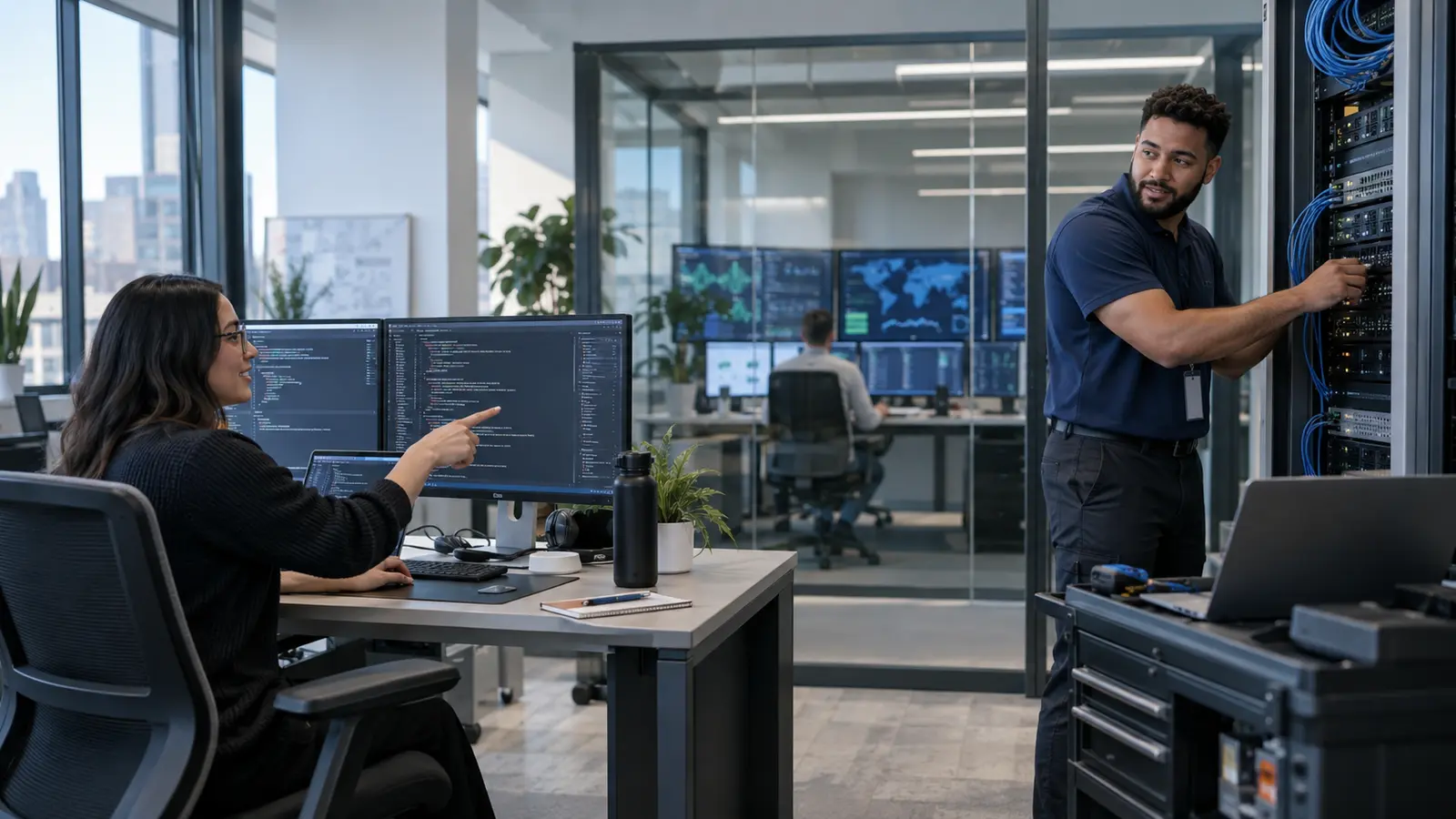 Computer science professional developing software while an information technology professional configures network infrastructure