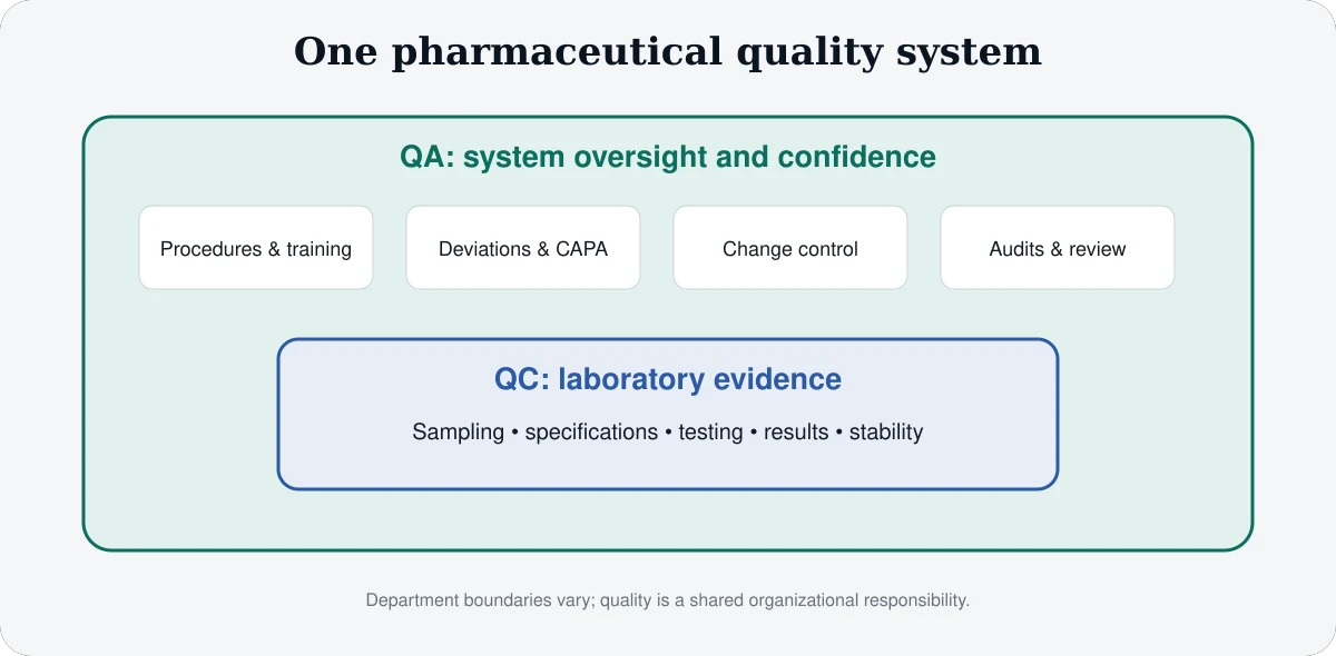 Pharmaceutical quality system diagram showing QA surrounding procedures, training, deviations and change control while QC provides sampling and laboratory test evidence
