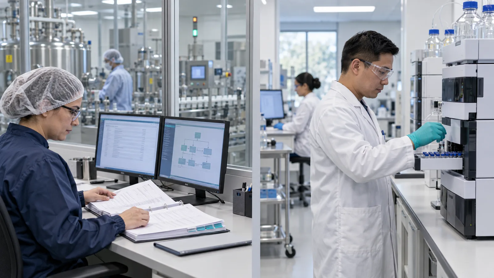 Pharmaceutical quality assurance professional reviewing batch records beside a quality control scientist testing a sample on an HPLC
