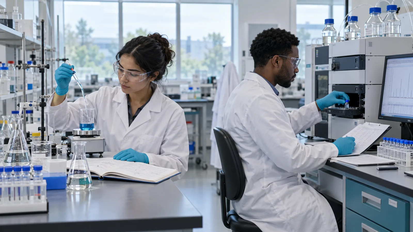 Research and development chemist conducting a formulation experiment beside a quality control chemist running an approved HPLC test