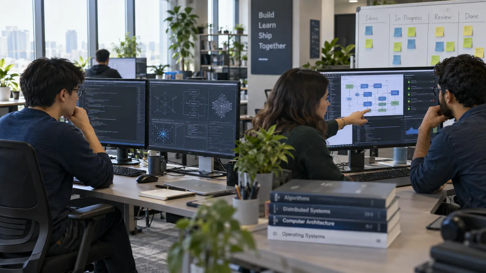 Computer science professional examining algorithms beside software engineers reviewing application architecture and delivery