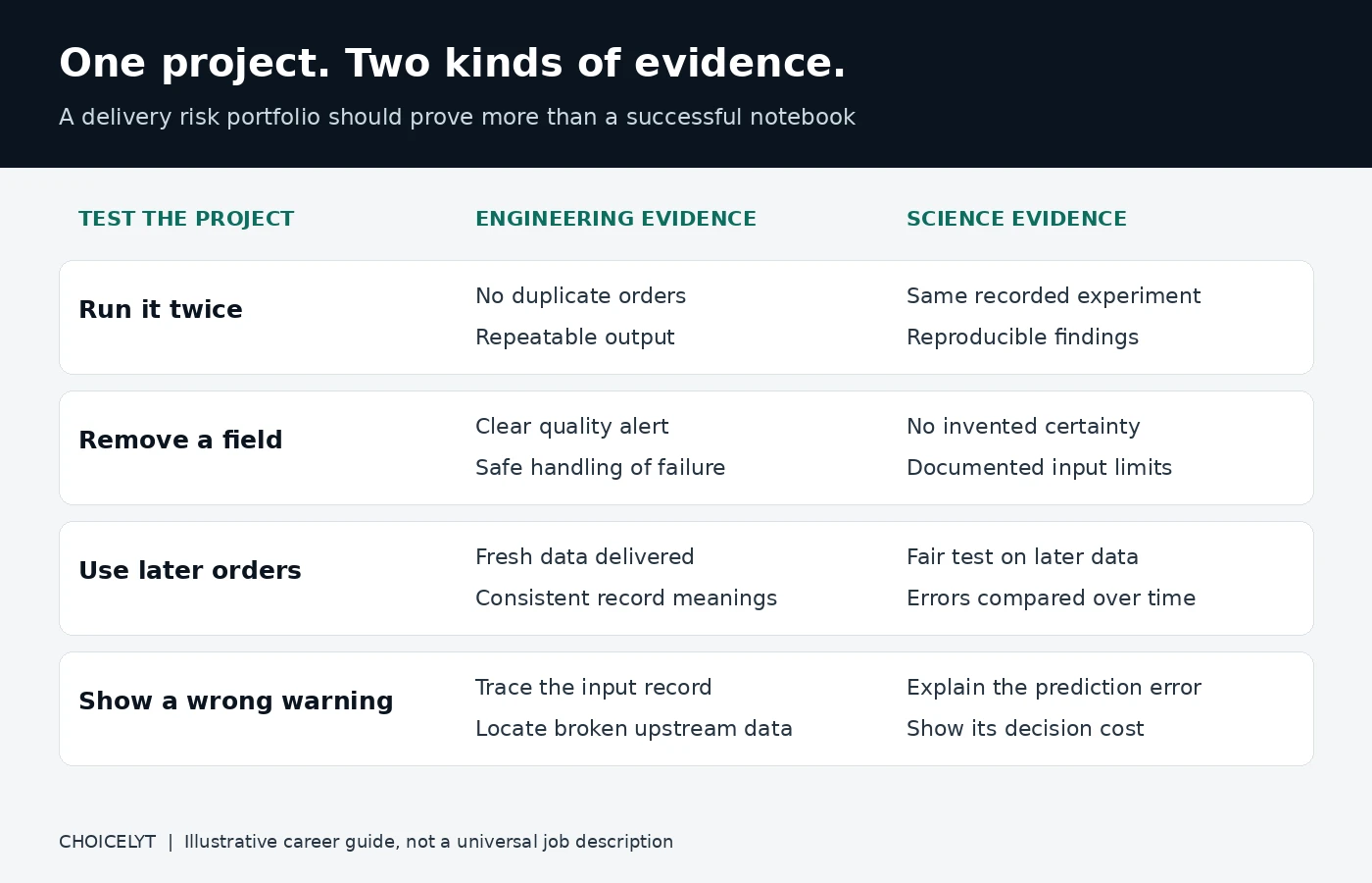 Portfolio evidence matrix comparing data engineering reliability tests with data science evaluation tests