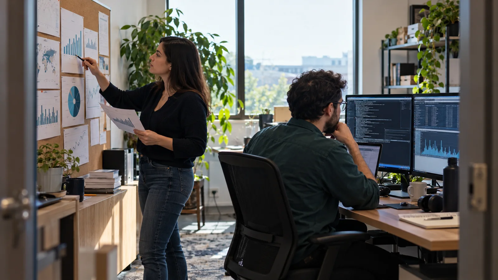 Data analyst comparing revenue charts while a data engineer investigates processing logs