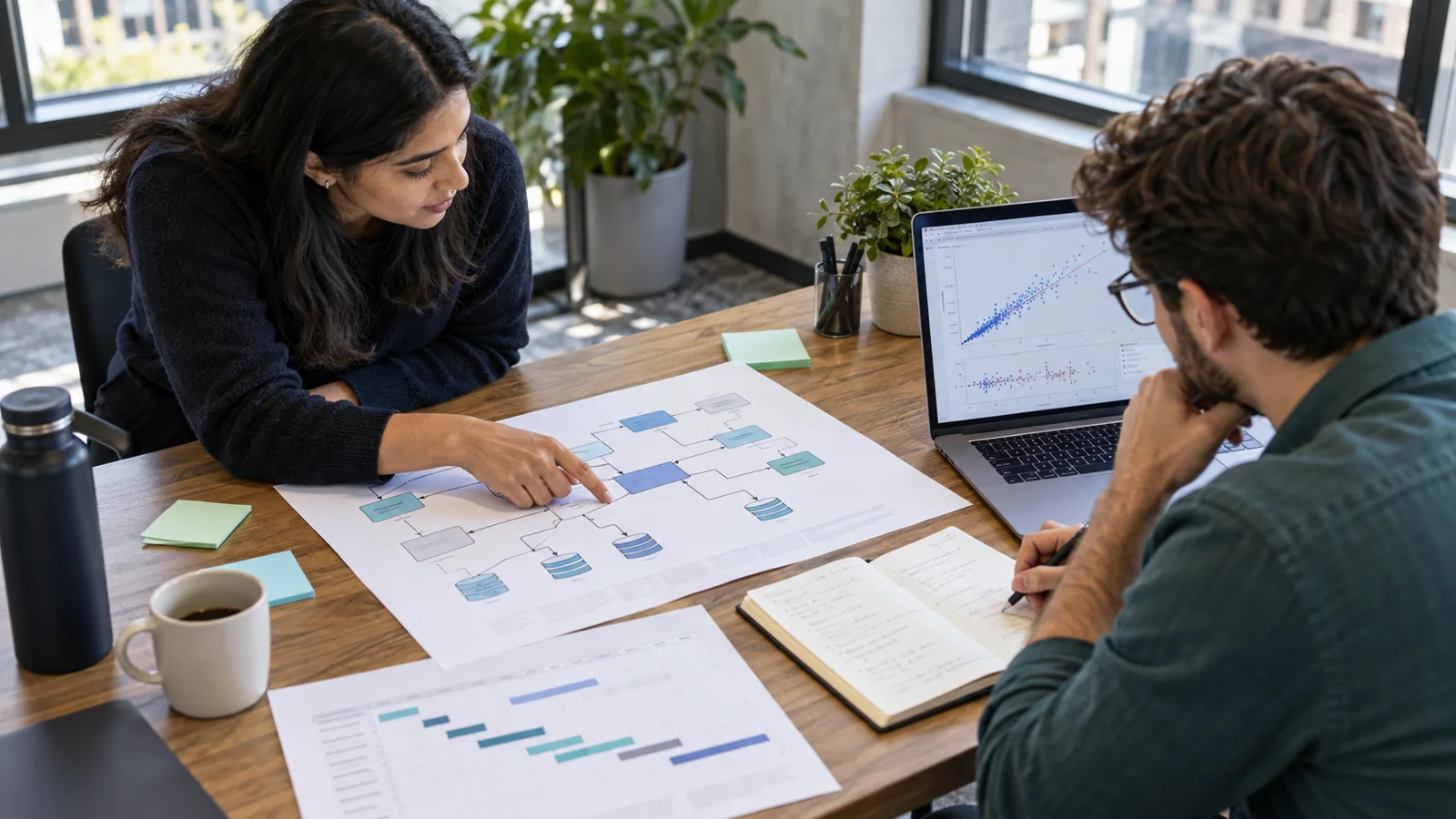 Data engineer and data scientist reviewing a pipeline map and prediction error plots