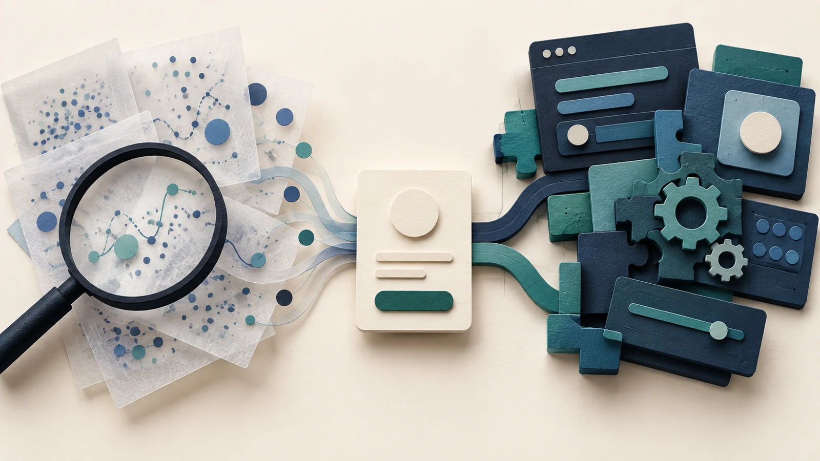 Conceptual paper sculpture pairing investigation of data with precise software components around a shared product