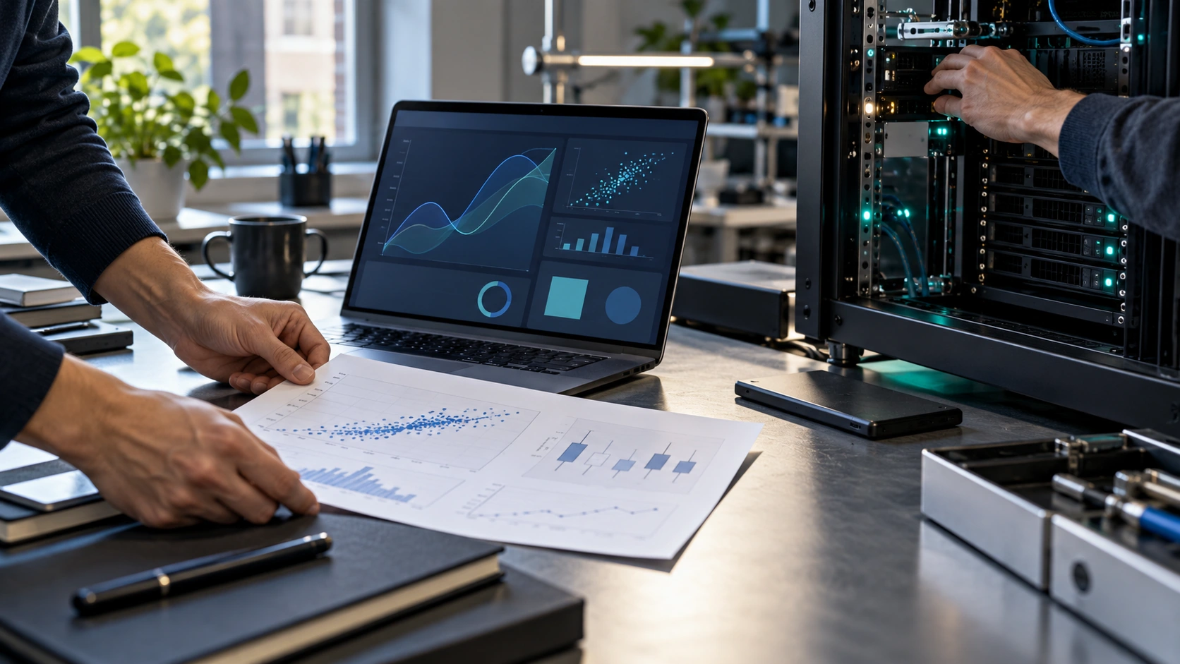 Conceptual workbench illustration with model evaluation plots beside equipment used to operate a prediction system